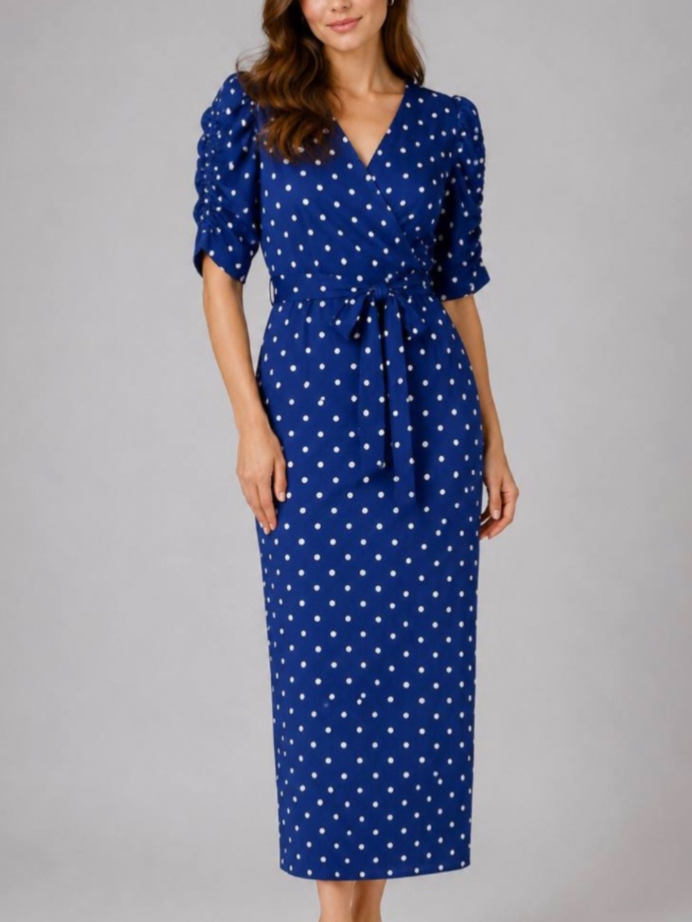 DKNY Blue White Polka Dot Rushed Sleeve Faux Wrap Maxi Stretch Dress Size 14